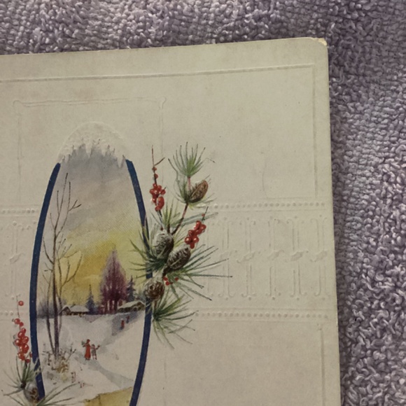 New Vintage Christmas Postcard Auld Lang Syne Winter Scene Pinecones Holly - Picture 5 of 9